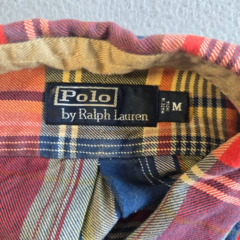 Polo Ralph Lauren Button Down Mens M Multicolor Plaid Suede Elbow Patches Cotton